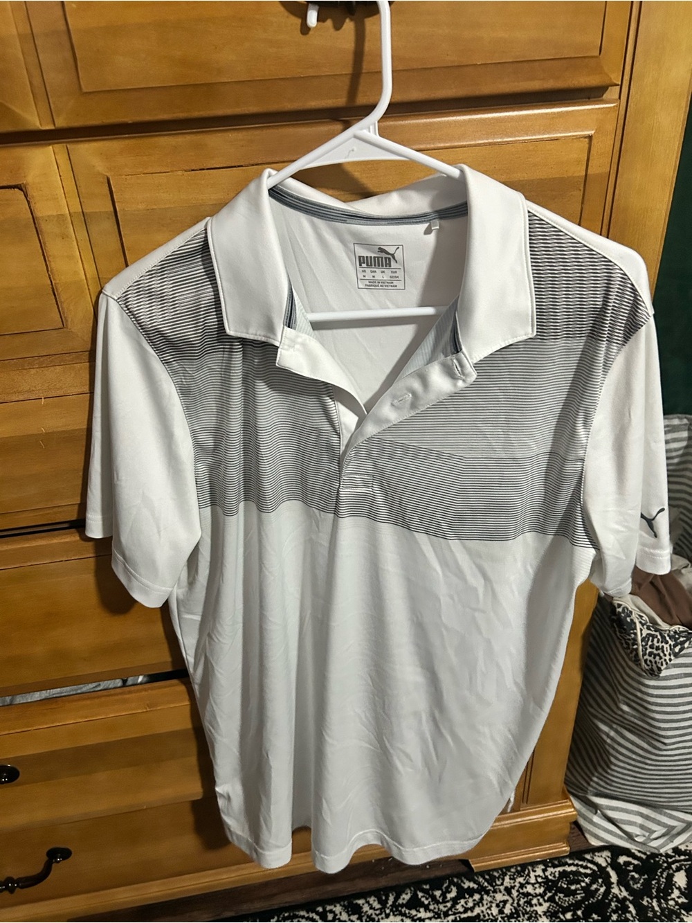 Puma White Polo with Gray Horizontal Stripe Accents